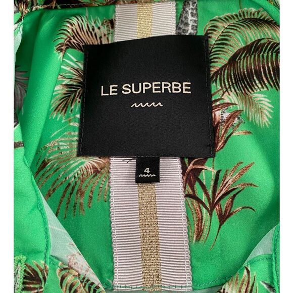 NWOT LE SUPERBE Green Shirt Tiger Giraffe Print Silk Size 4 - Picture 7 of 7